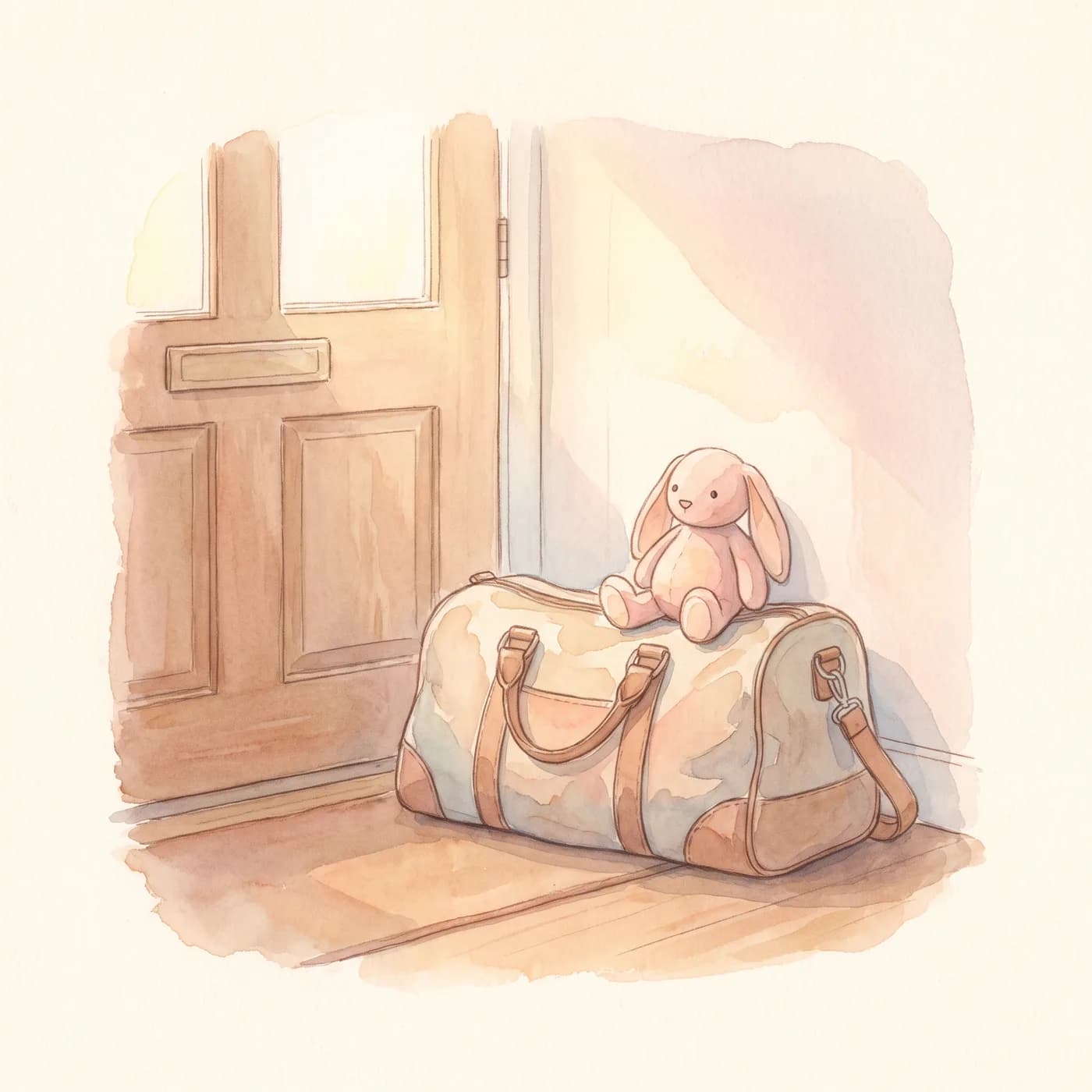 A packed bag waits by the front door, a soft toy rabbit sitting on top.