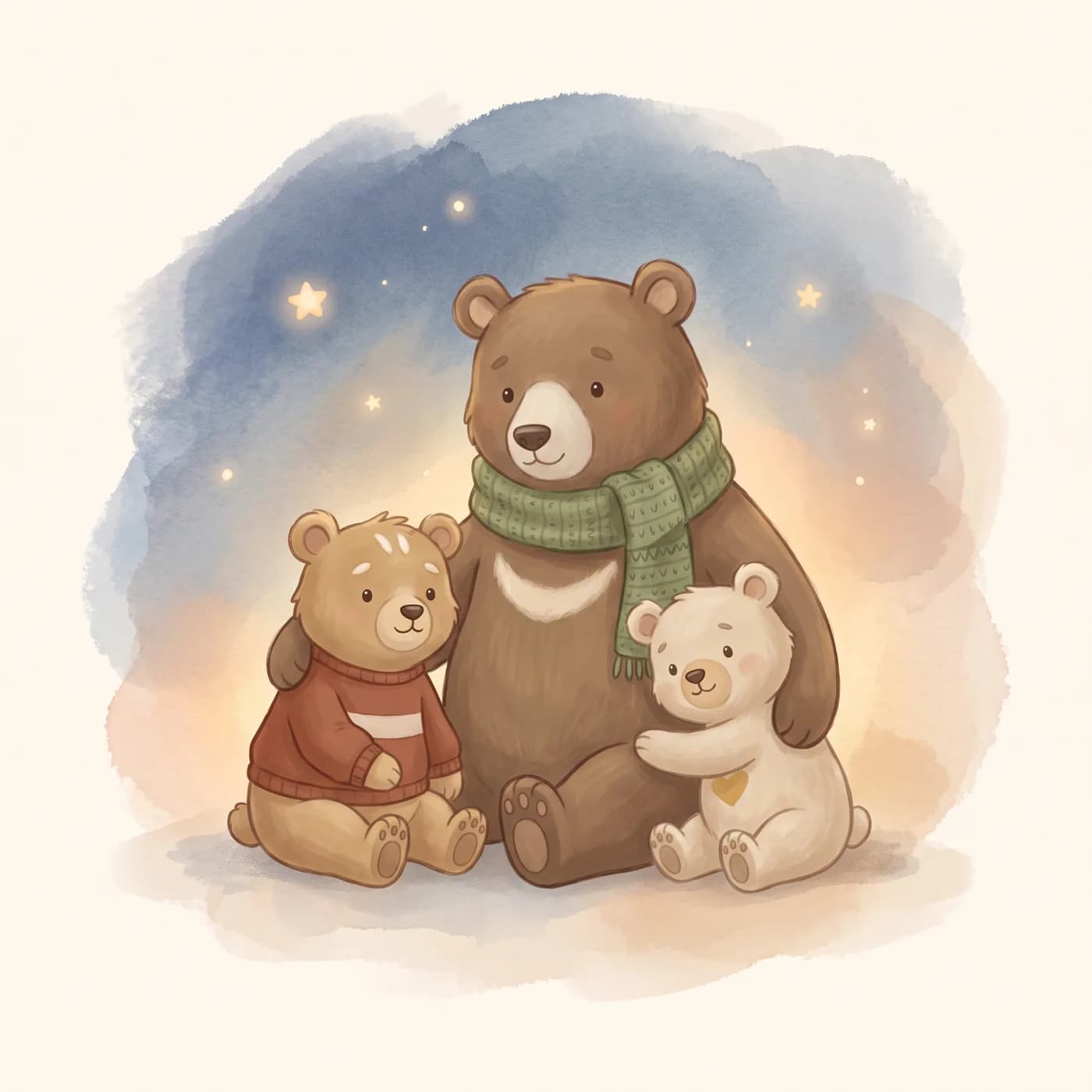 A bear family sits together under a starry sky.
