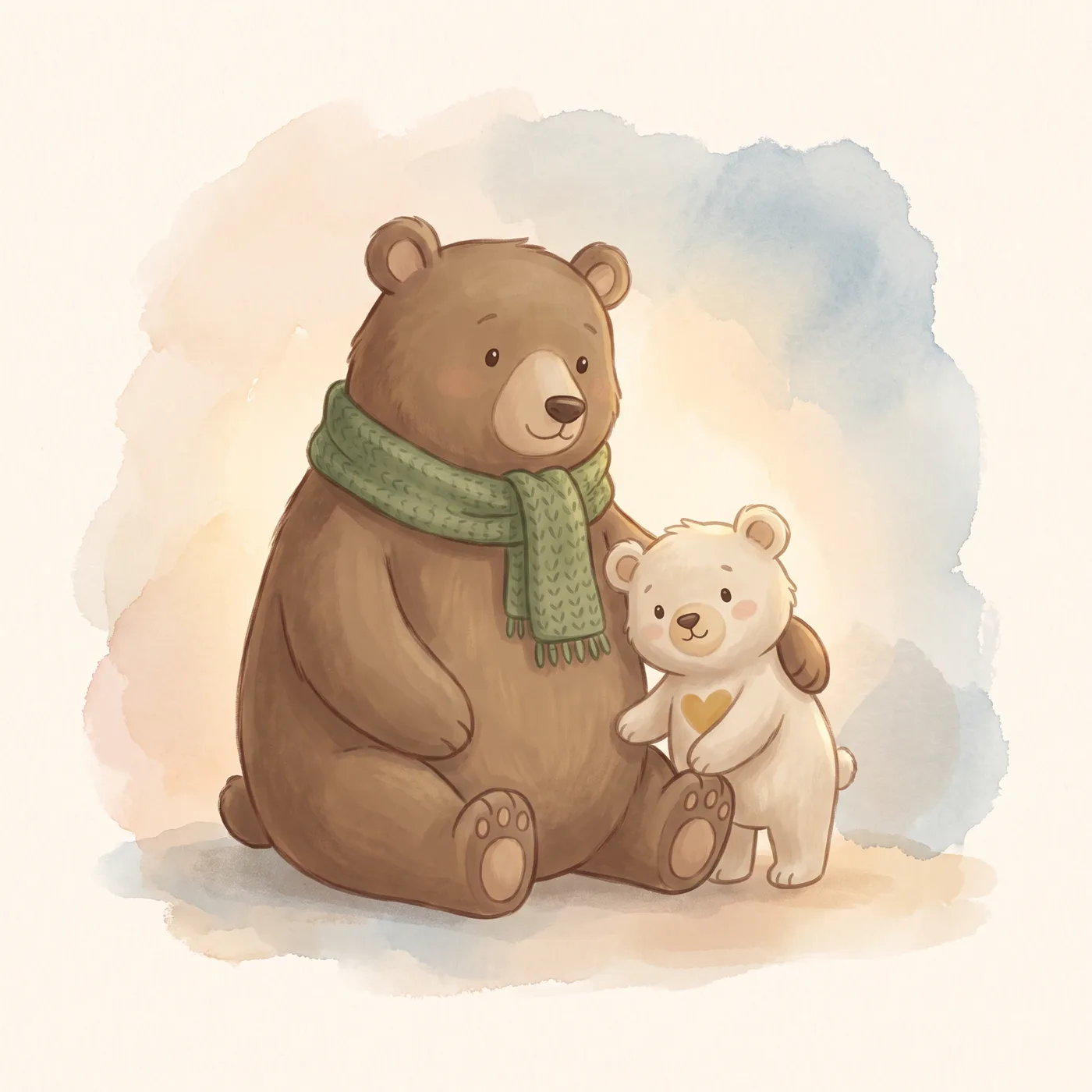 A large brown bear in a green scarf sits beside a small cream bear cub, who leans in close.